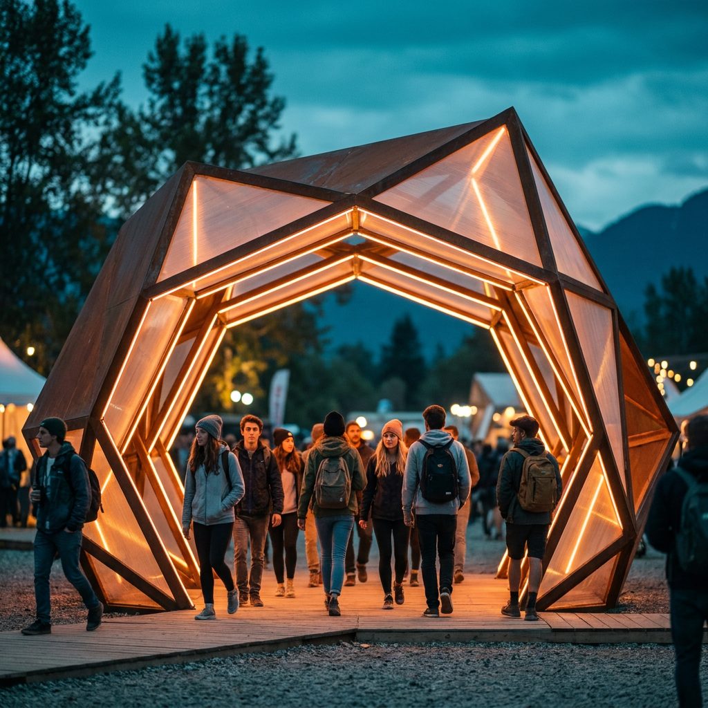 Brand activation pavilion at dusk with visitors walking through
