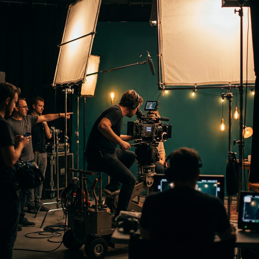 Content production set with a cinema camera and crew