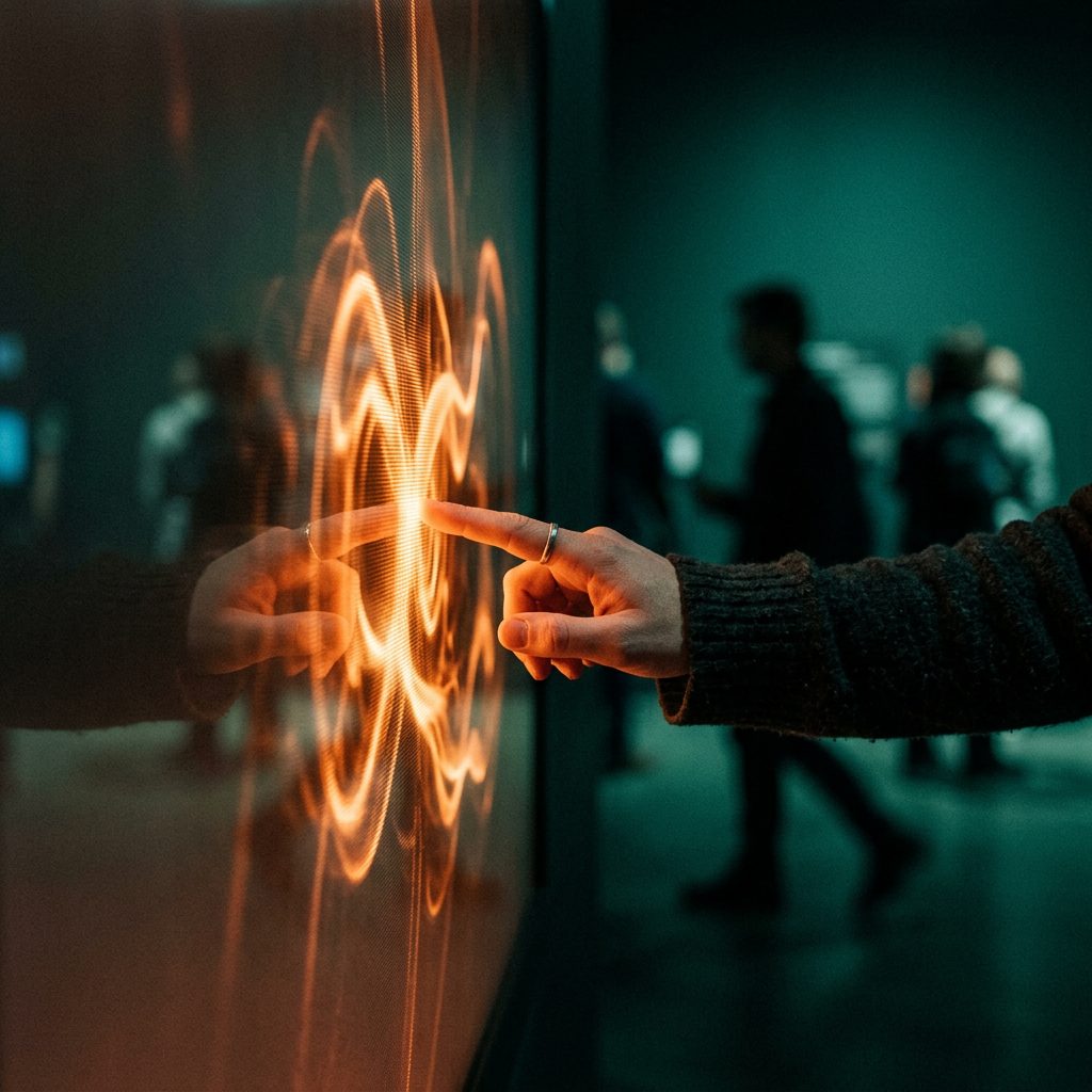 Hand interacting with a glowing interactive light installation